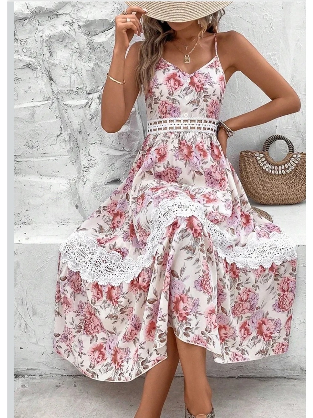 Floral Lace-Trim Maxi Dress - Pink